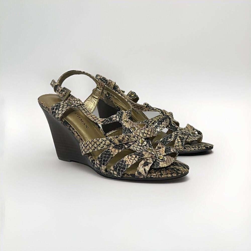 Dana Buchman Vala Snakeskin Strappy Wedge Sandals Brown Tan Leather Womens 7 MED